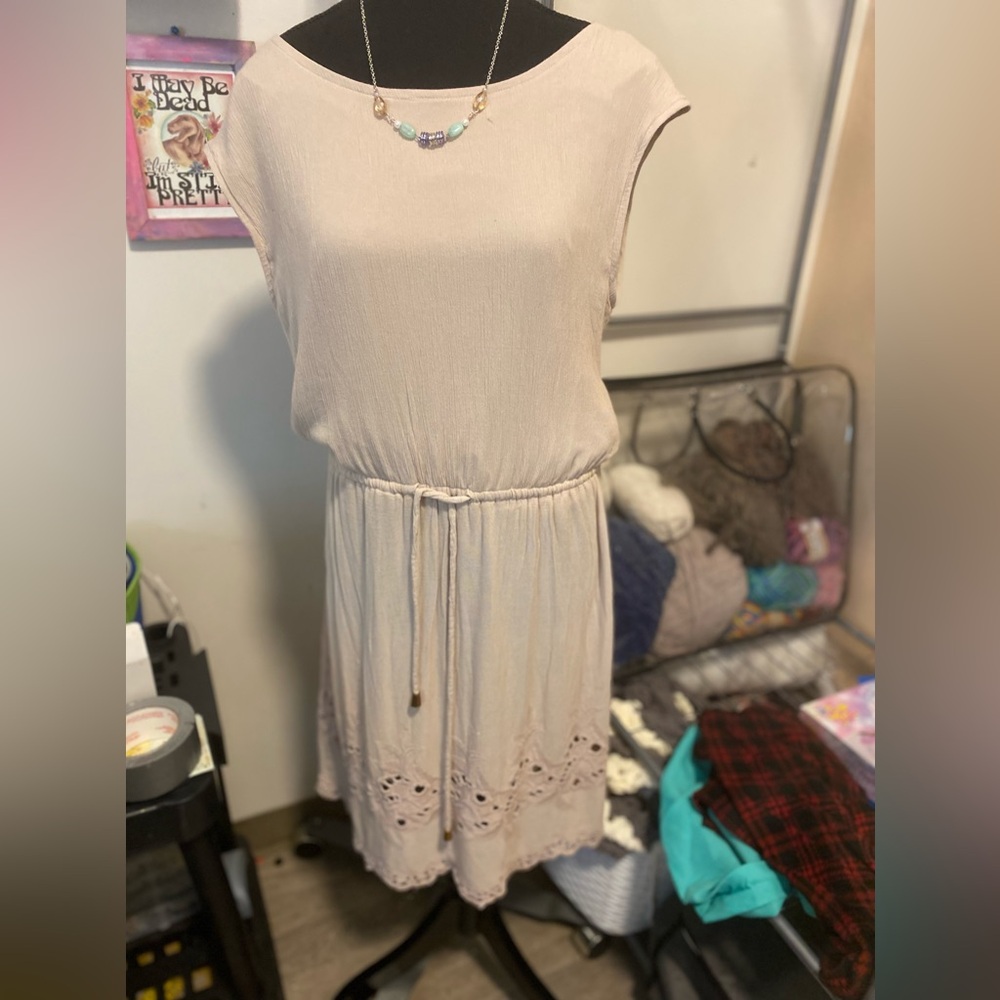Beige summer flowy knee length dress